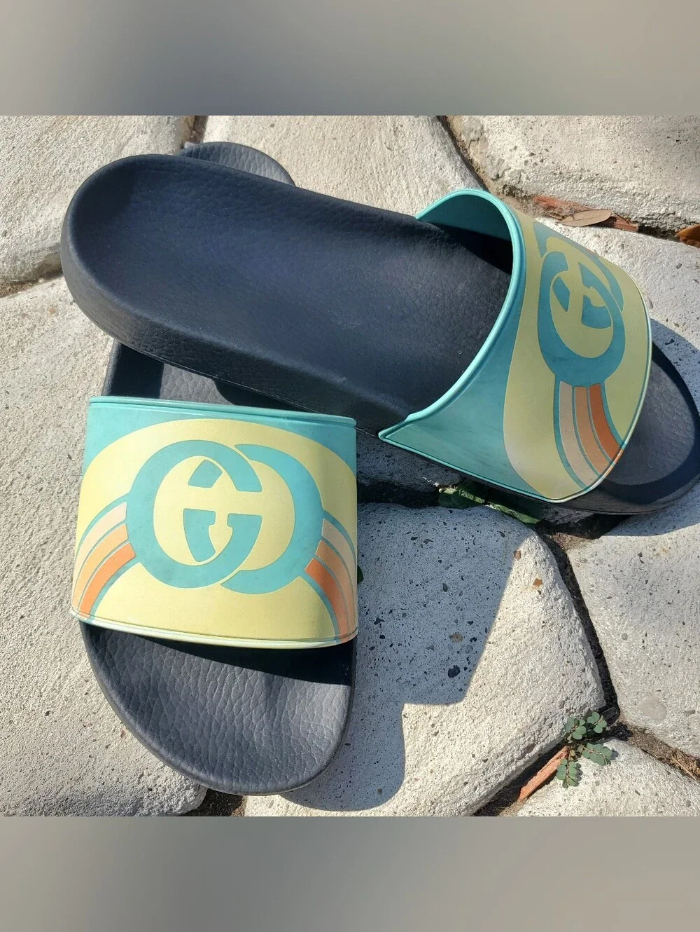 Gucci Aqua & Yellow Logo Slide Sandals Men's